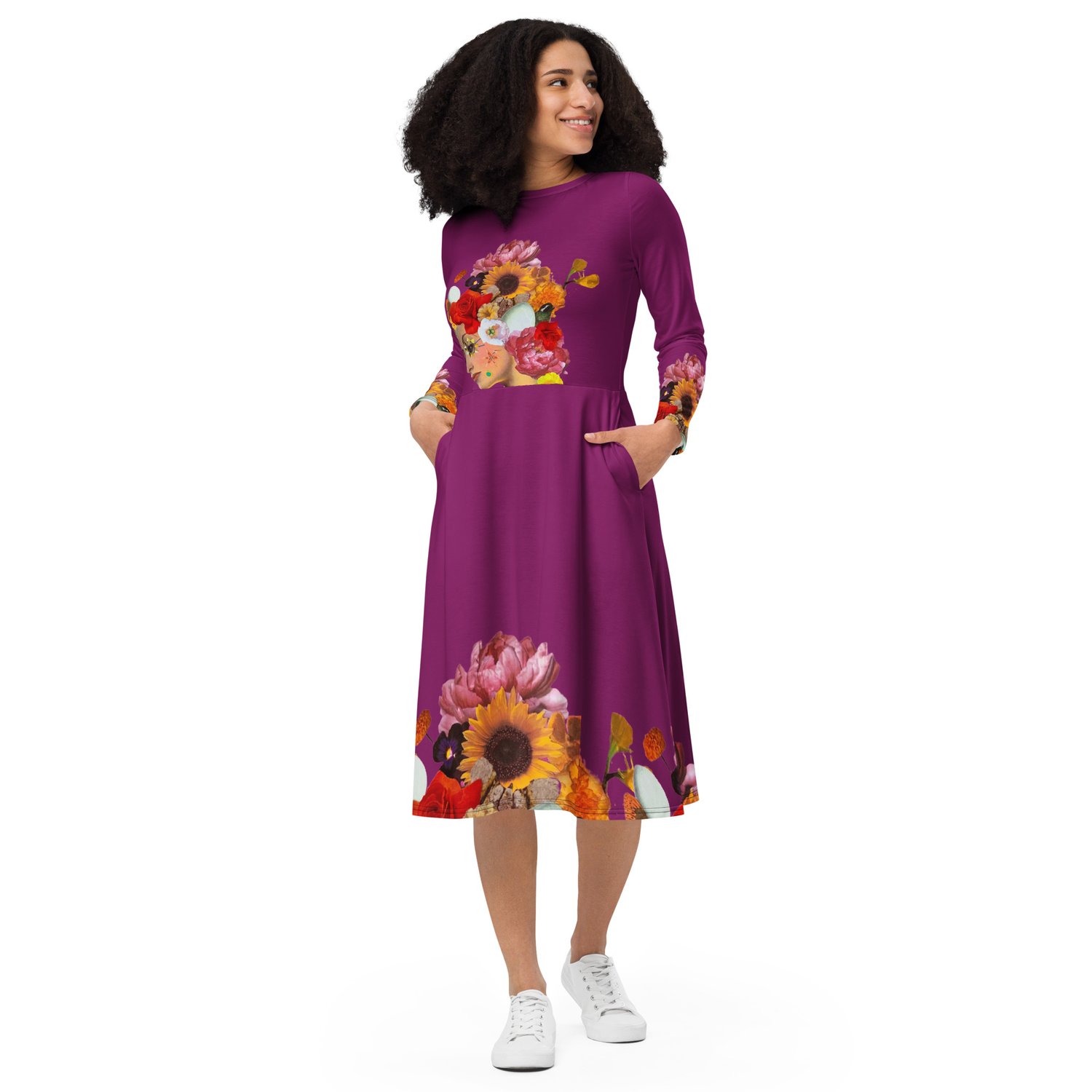 Image of She Doesn't Let Life Drag Her Down -  All Over Print - Long Sleeve Dress With Pockets