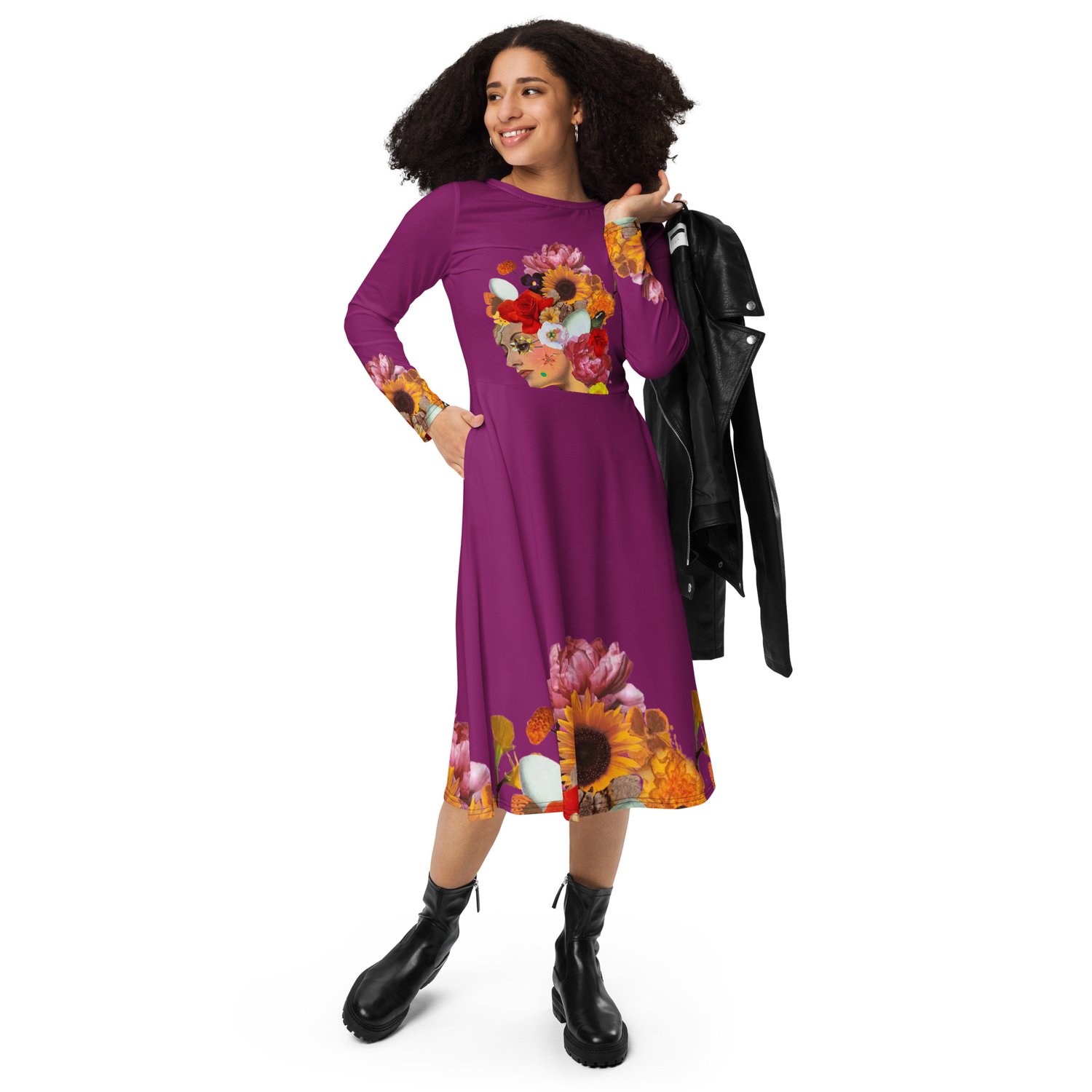 Image of She Doesn't Let Life Drag Her Down -  All Over Print - Long Sleeve Dress With Pockets