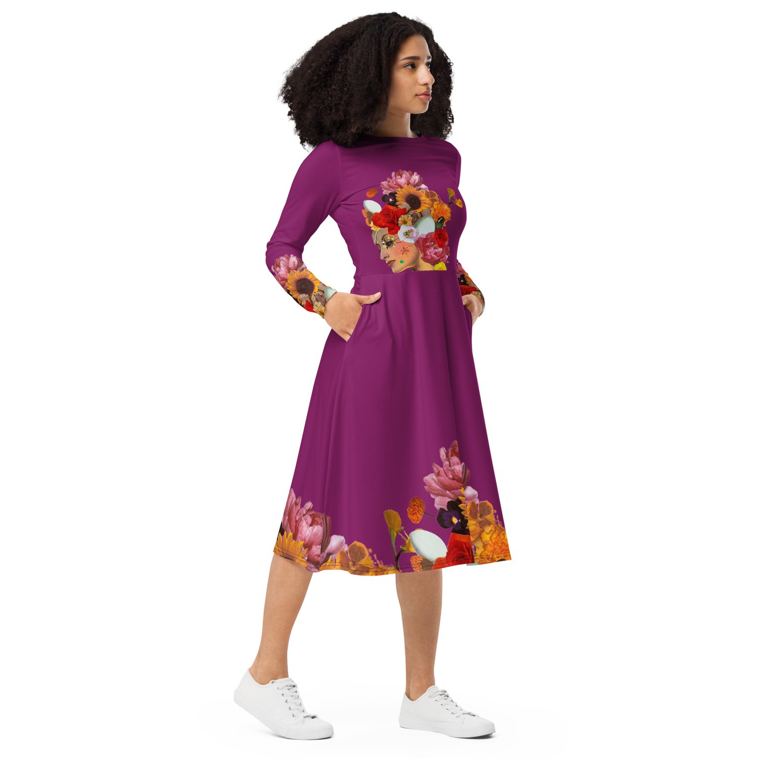 Image of She Doesn't Let Life Drag Her Down -  All Over Print - Long Sleeve Dress With Pockets
