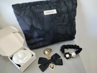 Image 2 of Classic Black And White Parisian Themed Birthday Gift Box. Camellia Brooch Floral Pouch Scented Wax