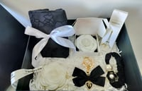 Image 1 of Classic Black And White Parisian Themed Birthday Gift Box. Camellia Brooch Floral Pouch Scented Wax