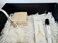 Image 4 of Classic Black And White Parisian Themed Birthday Gift Box. Camellia Brooch Floral Pouch Scented Wax