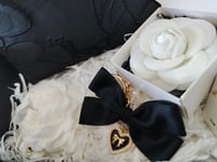 Image 5 of Classic Black And White Parisian Themed Birthday Gift Box. Camellia Brooch Floral Pouch Scented Wax