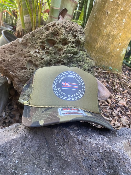 Image of Bret Boards Beige Green Camo Trucker