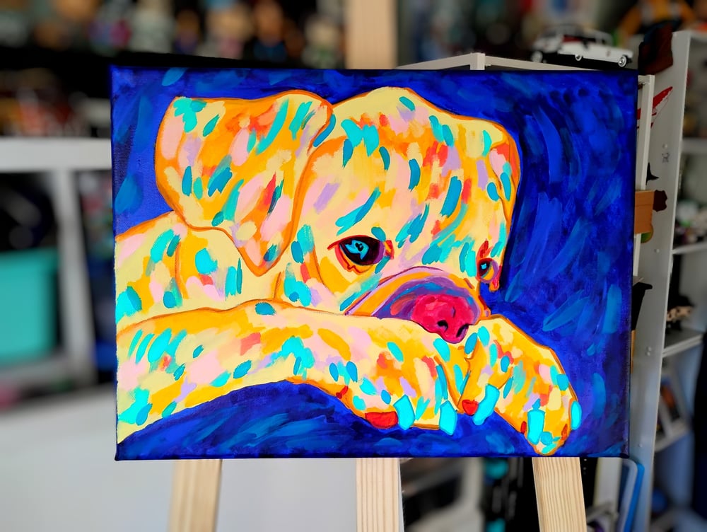 Yellow Dog on Deep Blues 12x16