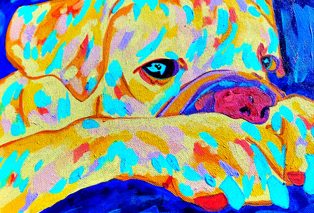 Yellow Dog on Deep Blues 12x16
