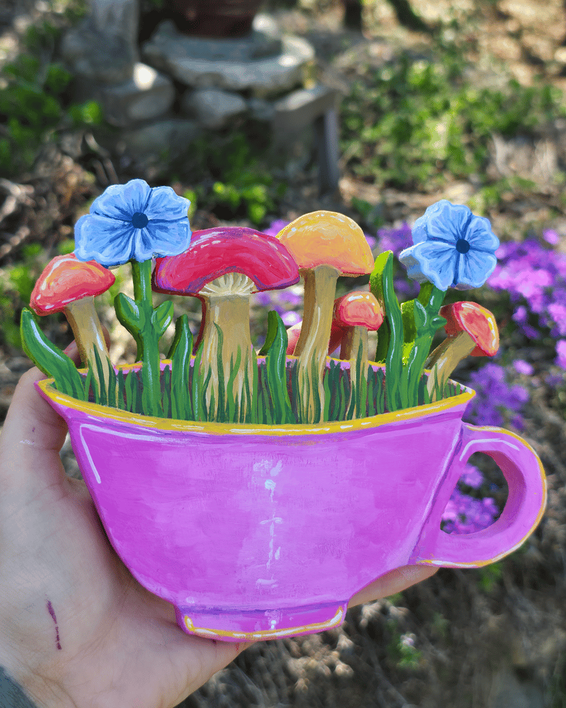 Image of Mushroom flower teacup wood wall art