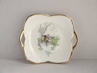 Image 1 of Vintage Pottery Dish, Boy Fishing at Stream Decor by Sevelen Rheintal Suisse c 1950s, W 8" 