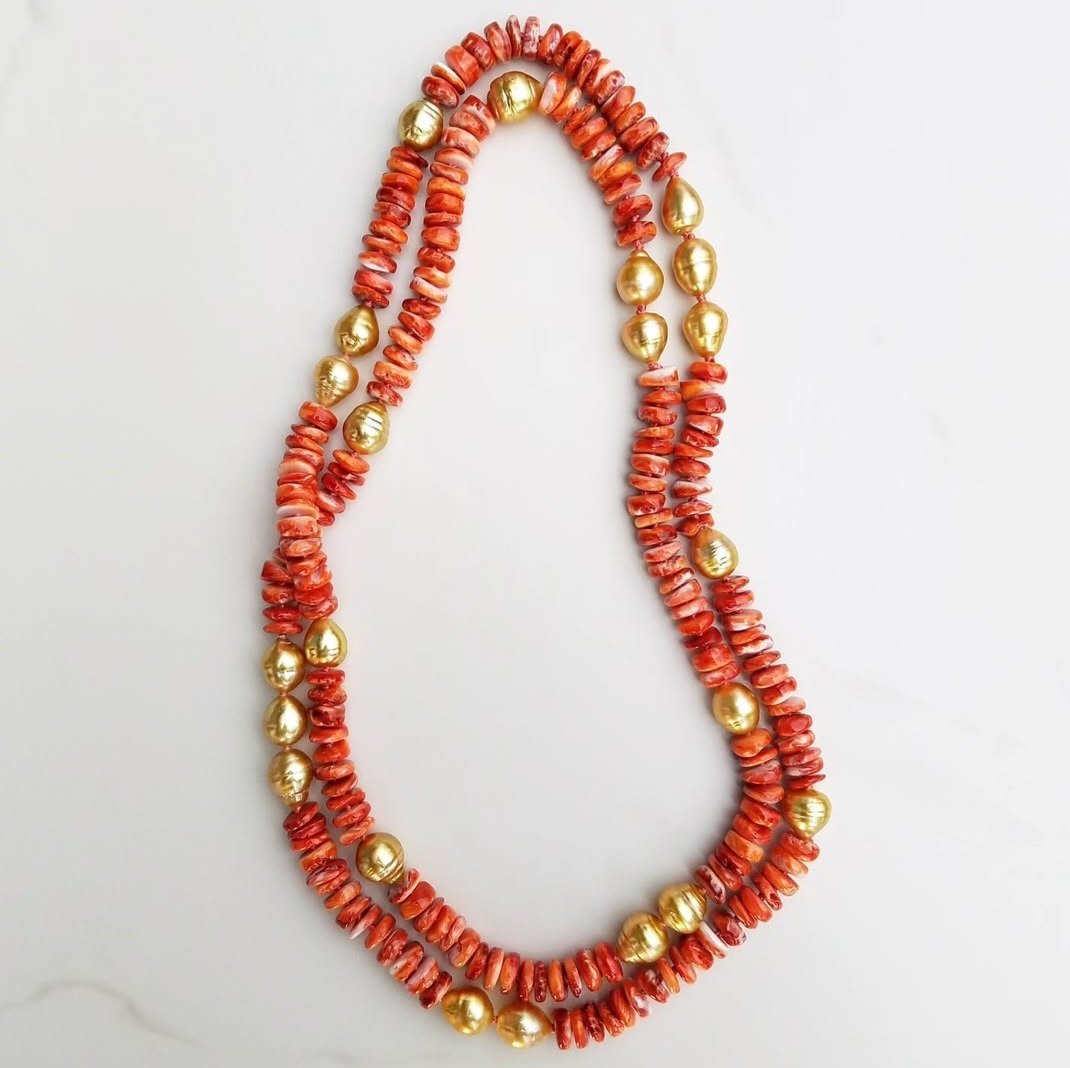 Gold Pearl & Red Shell Helix Necklace