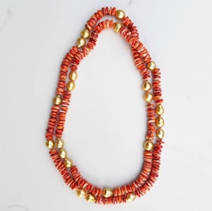 Gold Pearl & Red Shell Helix Necklace