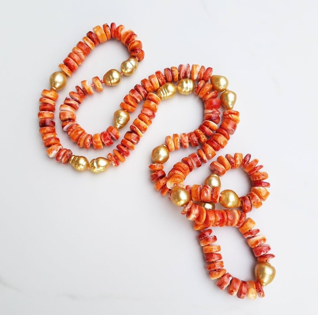 Gold Pearl & Orange Shell Helix Necklace