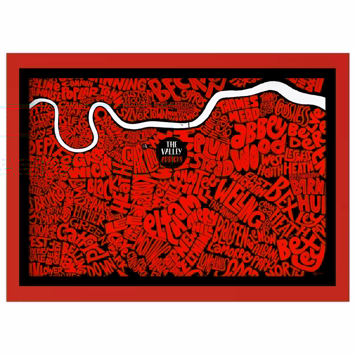 Image of The Valley - Addicks - Black background - South East London Typographic Map