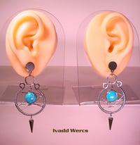 Image 2 of Stainless Steel Earrings, Dangle, Turquoise, Spikes, Steampunk for Men or Women. Style TSS1.