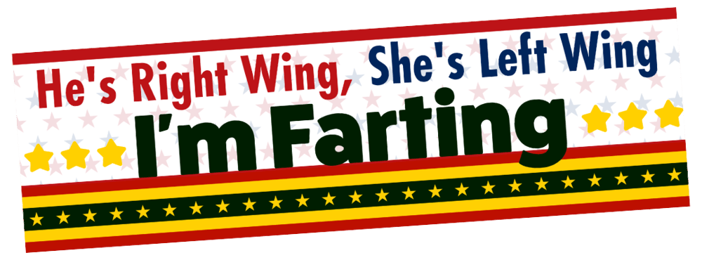 Image of He's Right Wing, She's Left Wing, I'm Farting Bumper Sticker - Funny Political Humor Car Decal