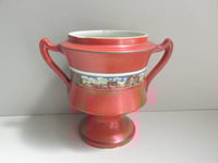 Image 1 of Antique 'Dickens Days' Pottery Vase (Trophy Urn Shape) Horse & Carriage Decor, Red, Age/Wear Defects