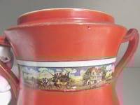 Image 12 of Antique 'Dickens Days' Pottery Vase (Trophy Urn Shape) Horse & Carriage Decor, Red, Age/Wear Defects