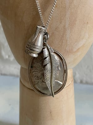 Image of Sterling Silver Necklace & Vintage Silver Feather, Jug, Cameo charms