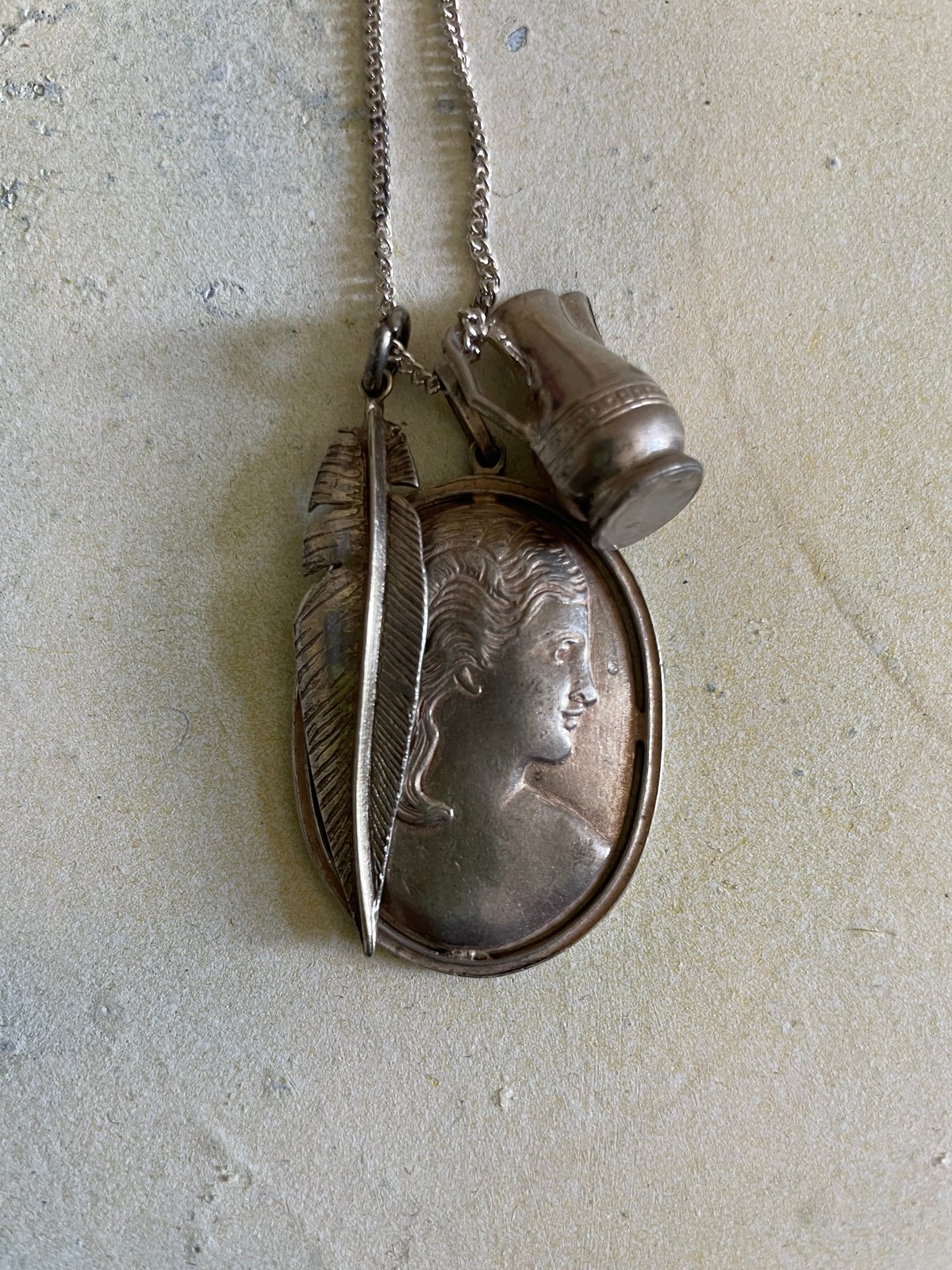 Image of Sterling Silver Necklace & Vintage Silver Feather, Jug, Cameo charms