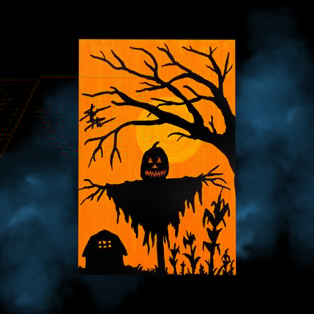 Image of "SCARECROW BARN" canvas PAINTING 4" x 6" 