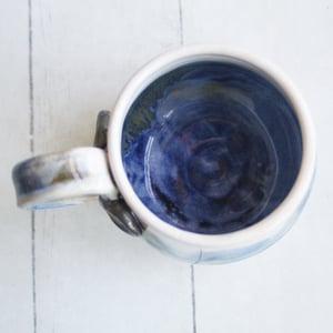 Image of Handmade Pottery Mug in Dripping Blue and White Glazes, Artful 11 Ounce Coffee Cup, Made in USA