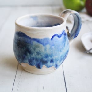 Image of Handmade Pottery Mug in Dripping Blue and White Glazes, Artful 11 Ounce Coffee Cup, Made in USA
