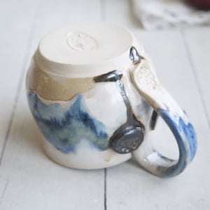 Image of Handmade Pottery Mug in Dripping Blue and White Glazes, Artful 11 Ounce Coffee Cup, Made in USA