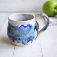 Image 6 of Handmade Pottery Mug in Dripping Blue and White Glazes, Artful 11 Ounce Coffee Cup, Made in USA