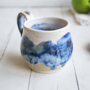 Image of Handmade Pottery Mug in Dripping Blue and White Glazes, Artful 11 Ounce Coffee Cup, Made in USA