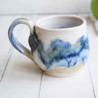 Image 1 of Handmade Pottery Mug in Dripping Blue and White Glazes, Artful 11 Ounce Coffee Cup, Made in USA