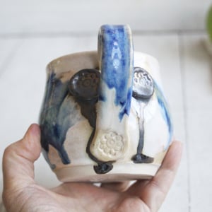 Image of Handmade Pottery Mug in Dripping Blue and White Glazes, Artful 11 Ounce Coffee Cup, Made in USA
