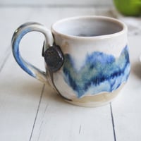 Image 7 of Handmade Pottery Mug in Dripping Blue and White Glazes, Artful 11 Ounce Coffee Cup, Made in USA