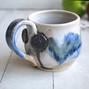 Image of Handmade Pottery Mug in Dripping Blue and White Glazes, Artful 11 Ounce Coffee Cup, Made in USA