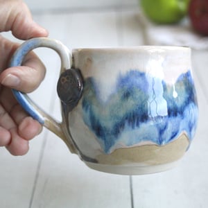 Image of Handmade Pottery Mug in Dripping Blue and White Glazes, Artful 11 Ounce Coffee Cup, Made in USA