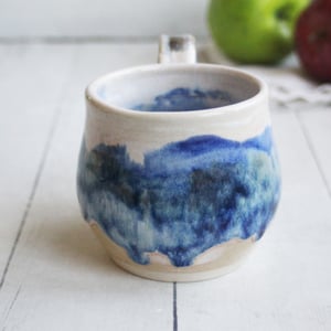 Image of Handmade Pottery Mug in Dripping Blue and White Glazes, Artful 11 Ounce Coffee Cup, Made in USA