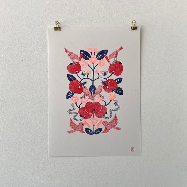 Birds with Crayons on Apple Tree