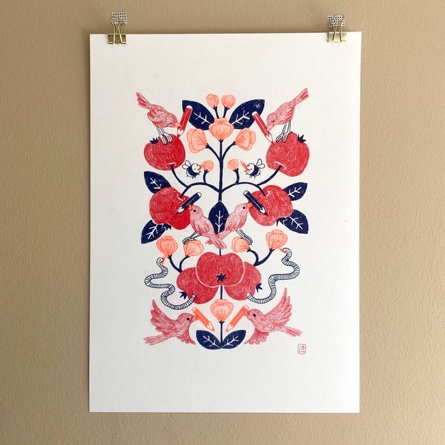 Birds with Crayons on Apple Tree