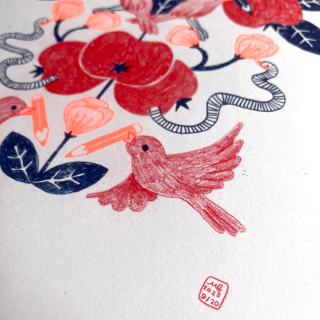 Birds with Crayons on Apple Tree