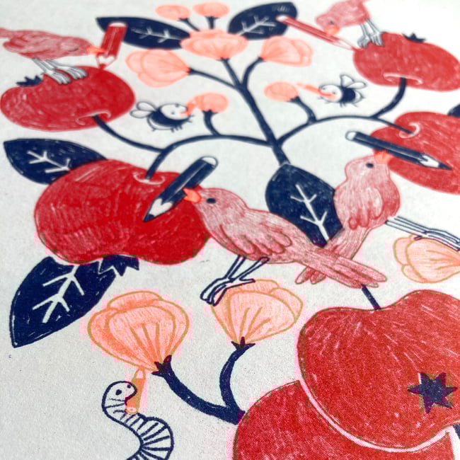 Birds with Crayons on Apple Tree
