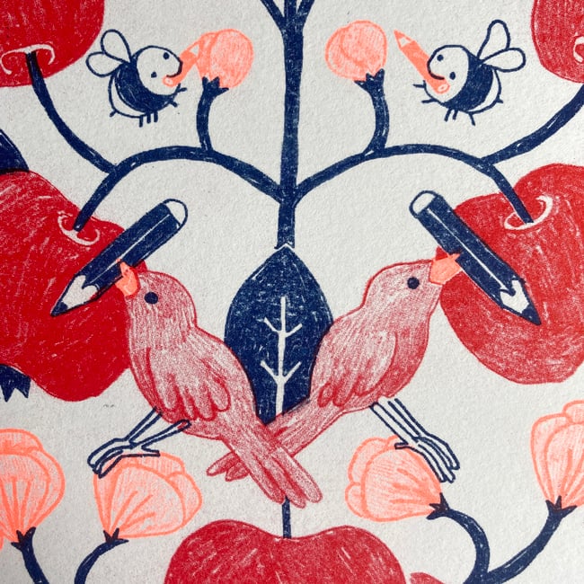 Birds with Crayons on Apple Tree