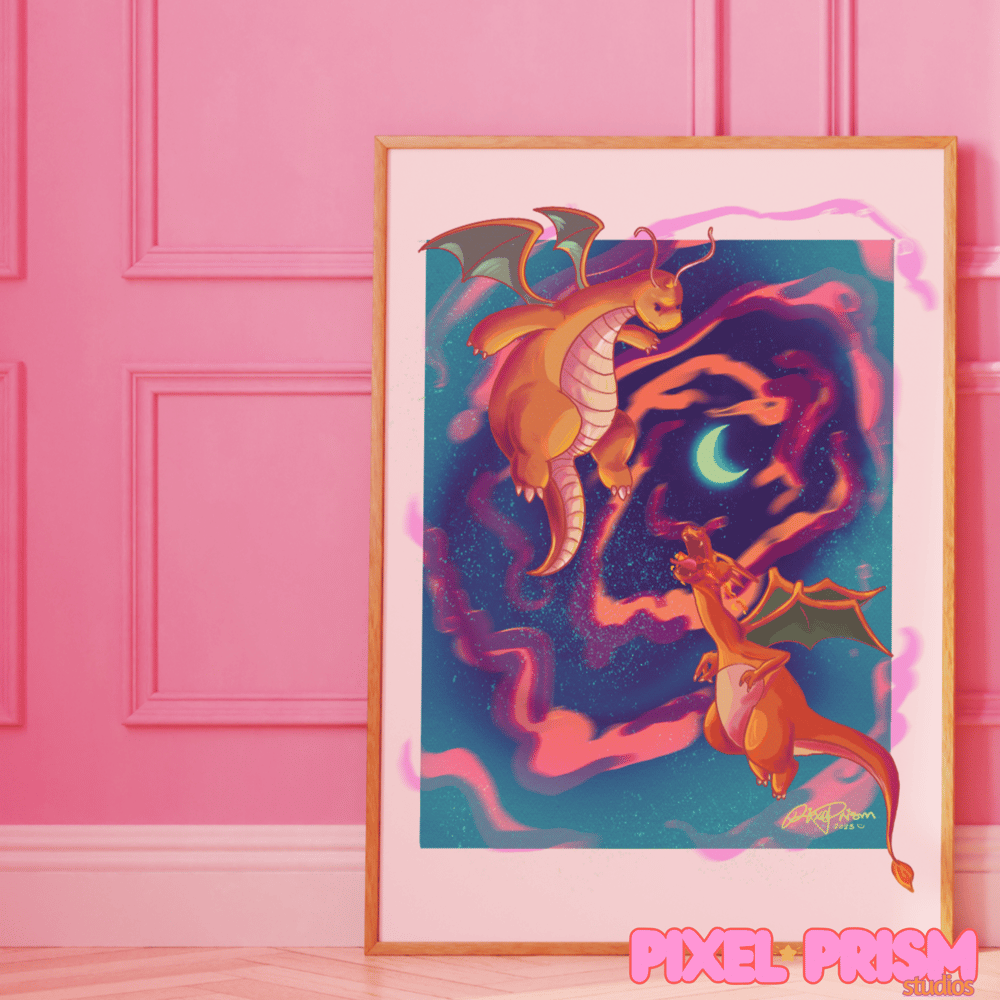 Image of An Epic Battle| Pokemon Original Art Print | Dragonite + Charizard