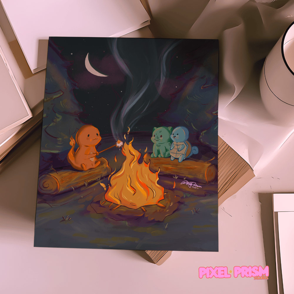 Image of Campfire Tales | Pokemon Original Art Print | Charmander, Bulbasaur, Squirtle