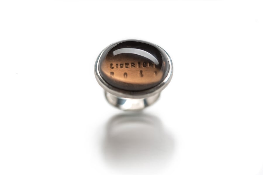 Image of  "He finds his delight..." silver ring with smoky quartz  · ADSPECTU FRUITUR LIBERIORE POLI  ·