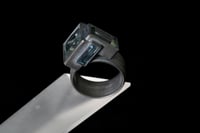 Image 1 of Cubist ring in oxidised sterling silver set with three aquamarine