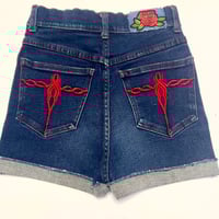 Image 1 of Women's Navi Cut Off Shorts red stitching on dark denim high rise pin up or rockabilly 
