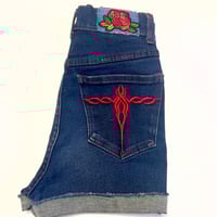 Image 3 of Women's Navi Cut Off Shorts red stitching on dark denim high rise pin up or rockabilly 