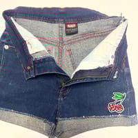 Image 4 of Women's Navi Cut Off Shorts red stitching on dark denim high rise pin up or rockabilly 