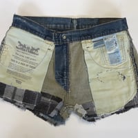 Image 3 of Women's Levis cut off jean shorts, grungey dark distressed denim  w-flannel design evil eye patch