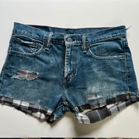 Image 4 of Women's Levis cut off jean shorts, grungey dark distressed denim  w-flannel design evil eye patch