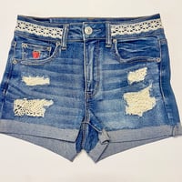 Image 1 of American Eagle distressed dark denim cut off shorts  w-ivory crochet peeking through