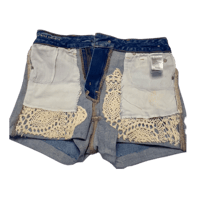 Image 4 of American Eagle distressed dark denim cut off shorts  w-ivory crochet peeking through